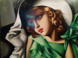 Obraz namalowany farbami portret kobiety w zielonej sukni białych rękawiczkach i białym kapeluszu