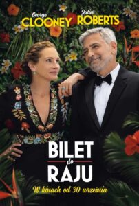 Plakat filmu Bilet do Raju - potaci kobiety i mężczyzny na tle egzotycznych liści i kwiatów