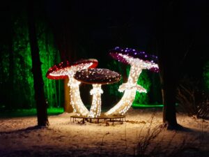 Iluminacja świetlna w formie trzech ogromnych muchomorów ustawionych na śniegu