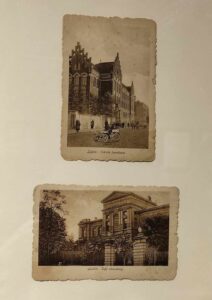 Dwie czarno-białe pocztówki z początku XX wieku przedstawiające budynki szkoły handlowej i sądu obwodowego w Lublinie