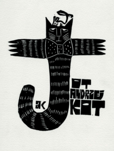 Reprodukcja czarno-białej grafiki Andrzeja Kota na szarym papierze