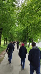 Dorosłe osoby widziane od tyłu i idące aleją między gęsto zasadzonymi drzewami z zielonymi liśćmi