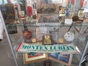 Umieszczone w szklanej gablocie szalik kibica dwie piłki oraz liczne trofea związane z drużyną piłki ręcznej Montex Lublin