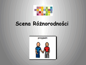 Plansza informacyjna z logo ŚDS Mozaika oraz nazwą teatru i piktogramem przedstawiającym hasło przyjaźń