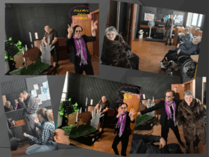 Kolaż pięciu zdjęć przedstawiający aktorów i personel za kulisami