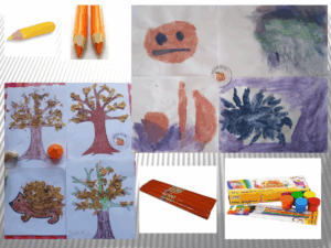 Zestawione zdjęcia przyborów plastycznych oraz prac dotyczących tematyki jesiennej