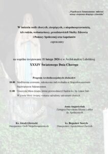 Druk zaproszenia dedykowanego wspólnego świętowania XXXIV Światowego Dnia Chorego w Archikatedrze Lubelskiej