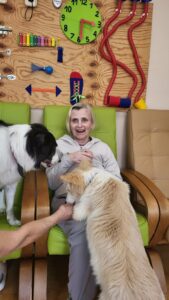 Starsza kobieta siedząca w zielonym fotelu a na jej kolanach opiera się rudo-biały pies rasy border collie i na fotelu obok siedzi drugi biało-czarny pies