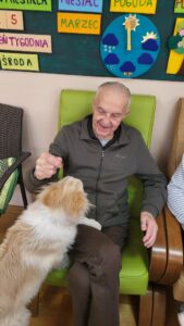 Starszy mężczyzna siedzący w zielonym fotelu a na jego kolanach opiera się rudo-biały pies rasy border collie