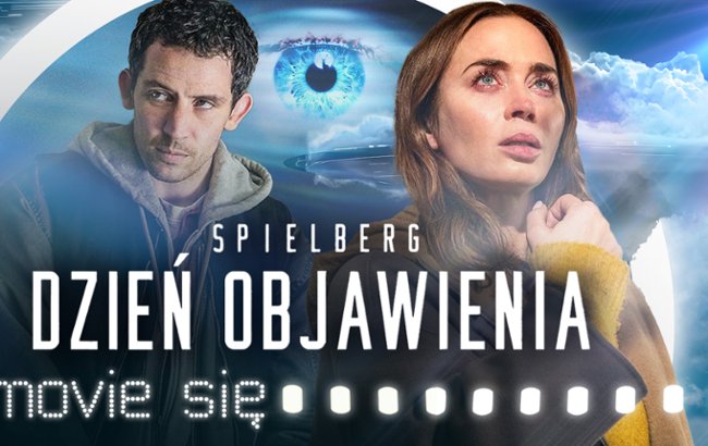 Zdjęcie reklamowe filmu Dzień Objawienia przedstawiające postać mężczyzny i kobiety a między graficzny motyw oka oraz tytuł filmu na dole zdjęcia