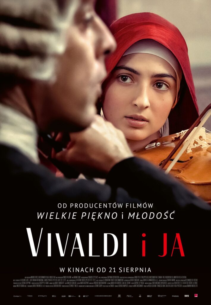 Plakat do filmu Vivaldi i ja przedstawiający głowę kobiety ze skrzypcami oraz prawy profil mężczyzny w szarej peruce