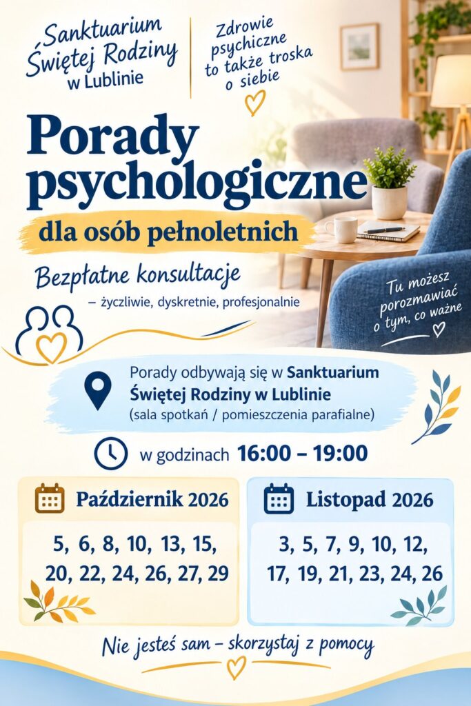 Plakat z informacjami o poradach psychologicznych dla osób pełnoletnich organizowanych w ramach Gali Dobroci w Lublinie